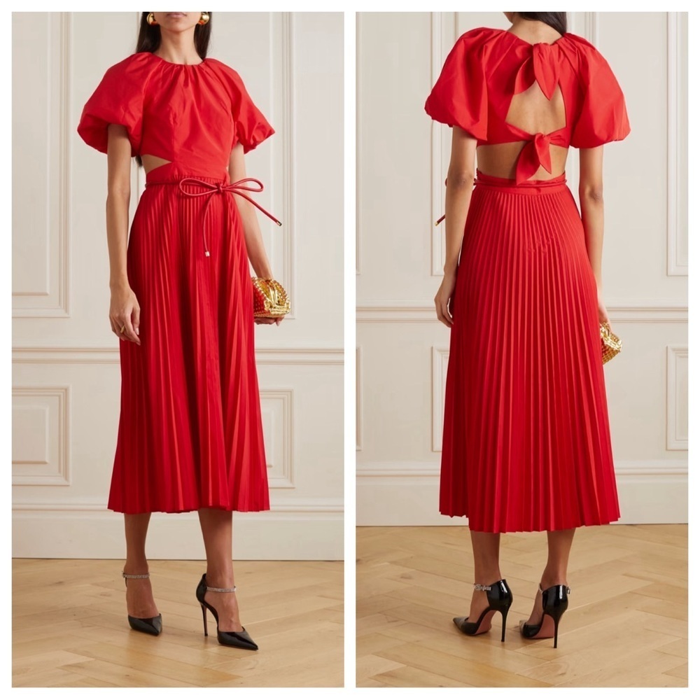REBECCA VALLANCE Magdalena Red Puff Sleeve Open Back Cut Out Midi Dress US 10